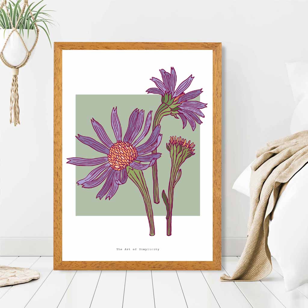 Minimal Green, Purple Harmony Flower Art Print | Wall Art Plaza UK