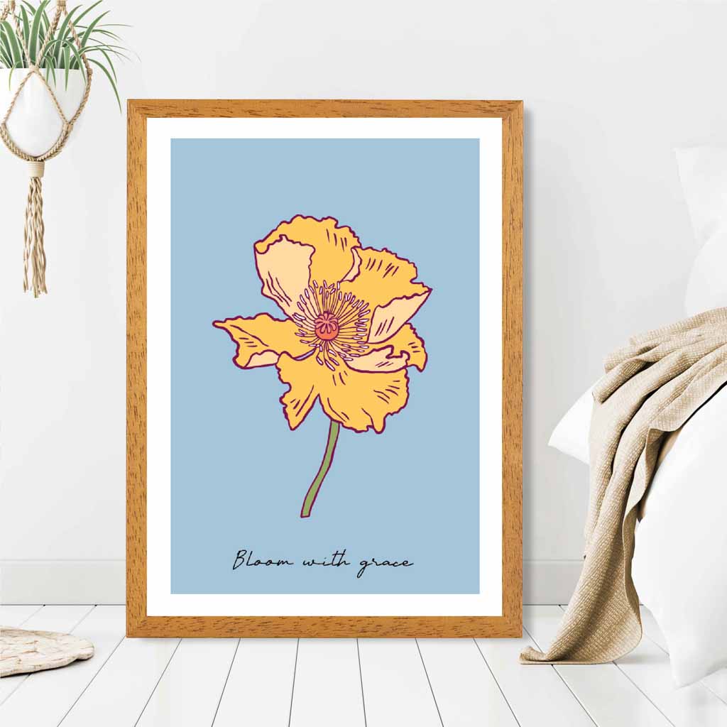 Boho Floral Blue, Yellow Poppy Bloom Quote Art Poster | Wall Art Plaza UK