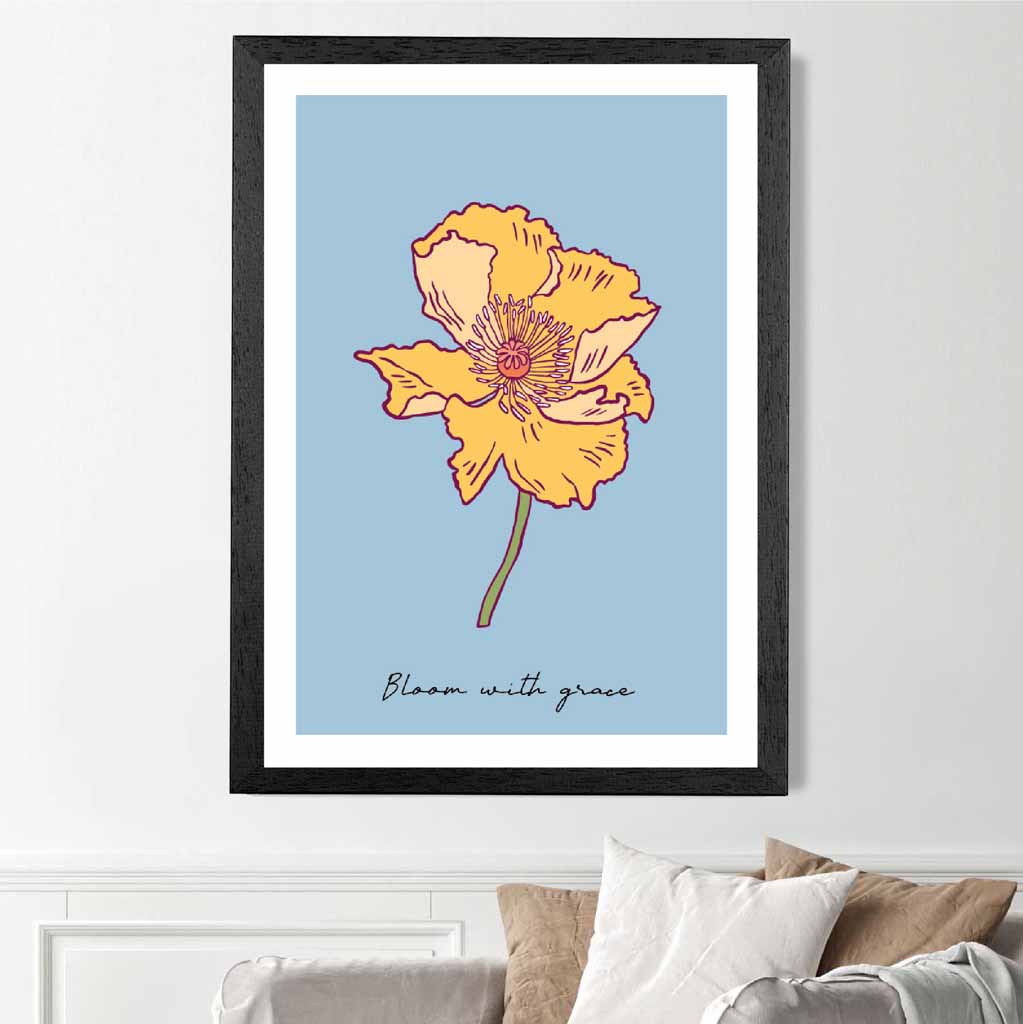 Boho Floral Blue, Yellow Poppy Bloom Quote Art Poster | Wall Art Plaza UK