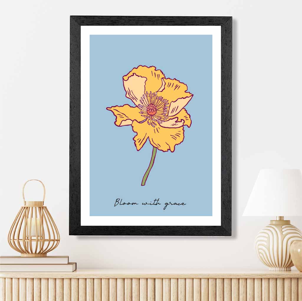 Boho Floral Blue, Yellow Poppy Bloom Quote Art Poster | Wall Art Plaza UK