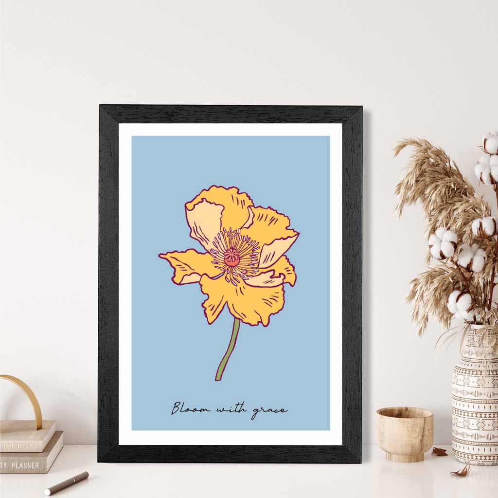 Boho Floral Blue, Yellow Poppy Bloom Quote Art Poster | Wall Art Plaza UK