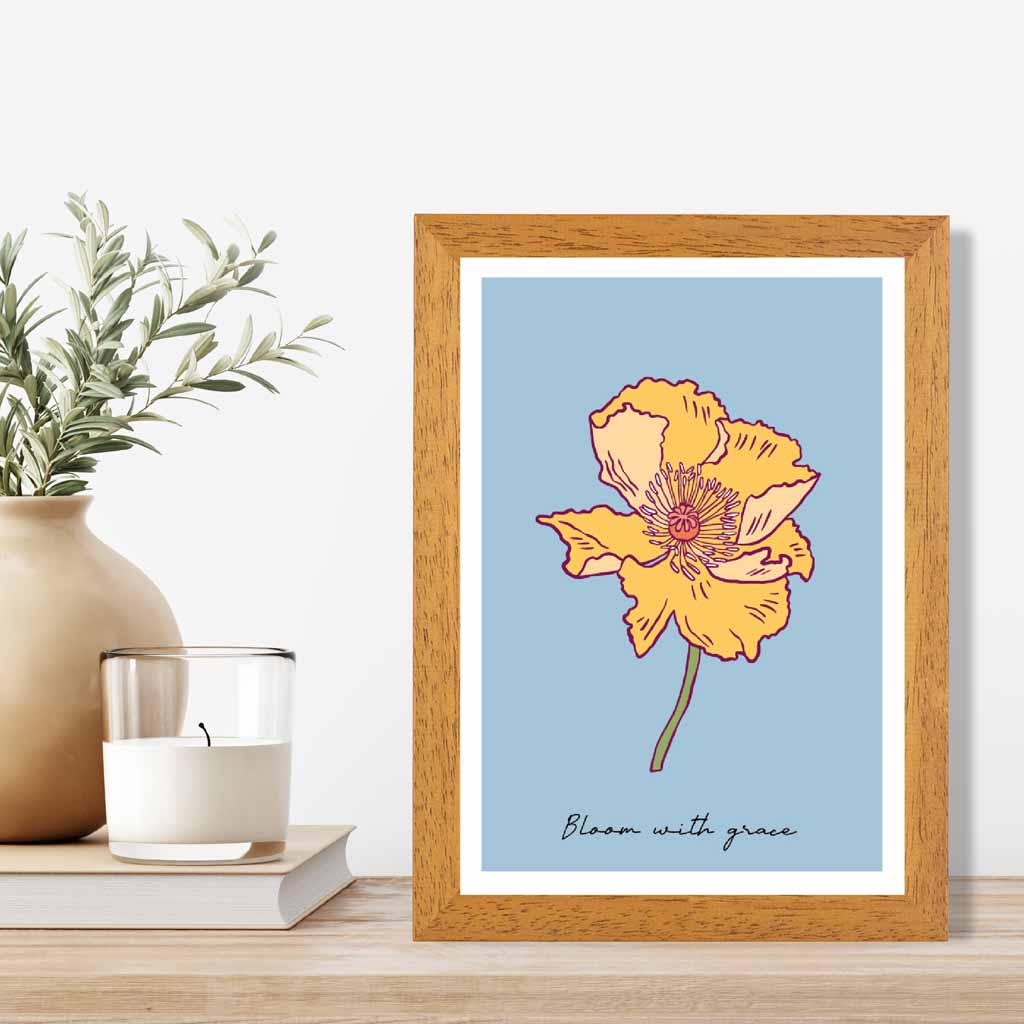 Boho Floral Blue, Yellow Poppy Bloom Quote Art Poster | Wall Art Plaza UK