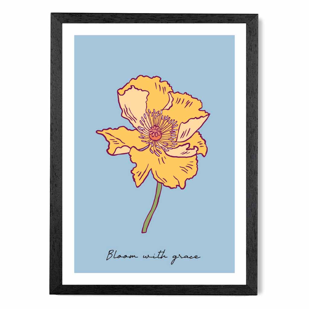 Boho Floral Blue, Yellow Poppy Bloom Quote Art Poster | Wall Art Plaza UK