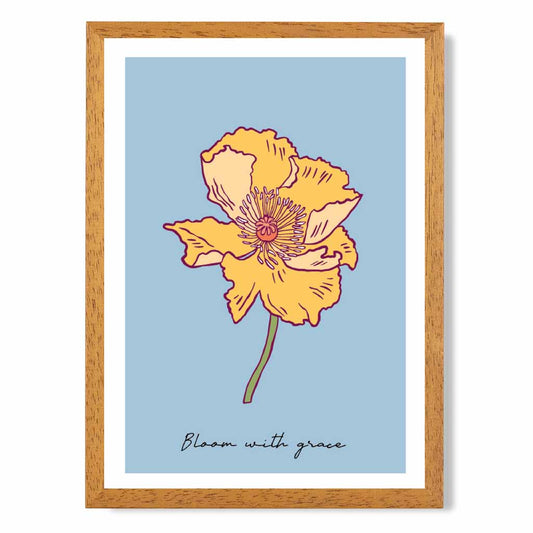 Boho Floral Blue, Yellow Poppy Bloom Quote Art Poster | Wall Art Plaza UK