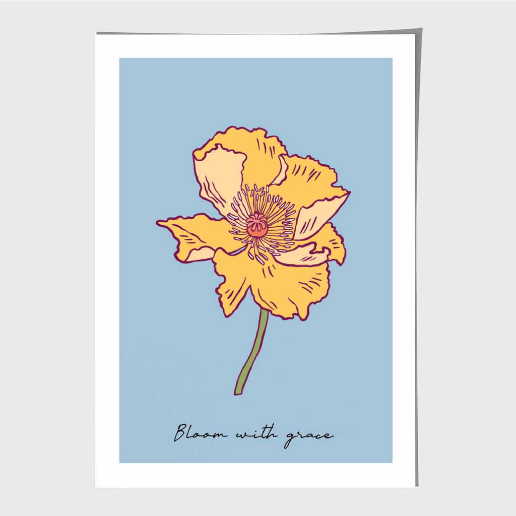 Boho Floral Blue, Yellow Poppy Bloom Quote Art Poster | Wall Art Plaza UK