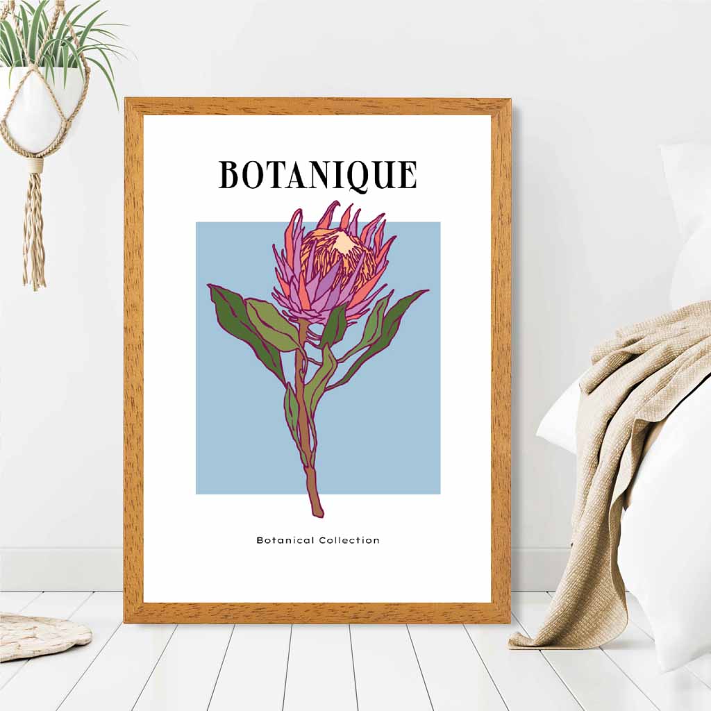 Modern Floral Blue, Pink Protea Flower Art Poster | Wall Art Plaza UK