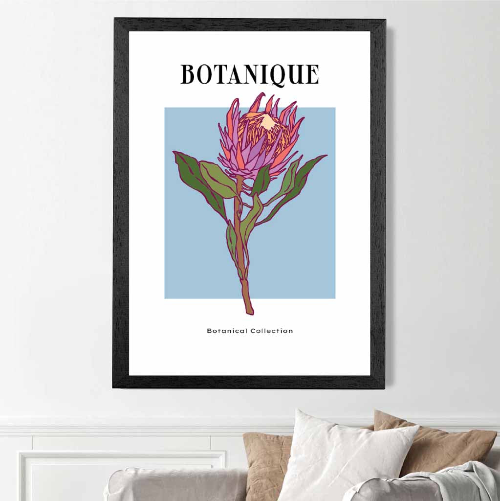 Modern Floral Blue, Pink Protea Flower Art Poster | Wall Art Plaza UK