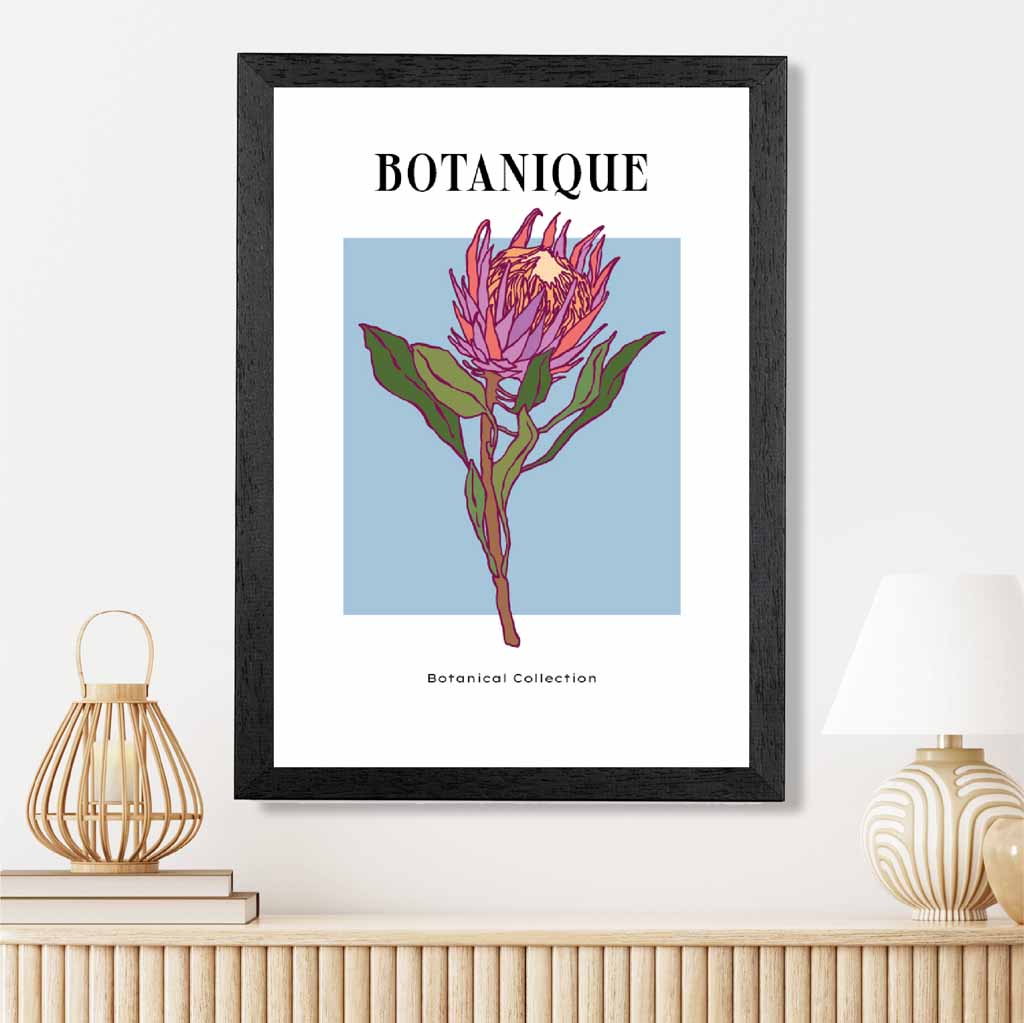 Modern Floral Blue, Pink Protea Flower Art Poster | Wall Art Plaza UK