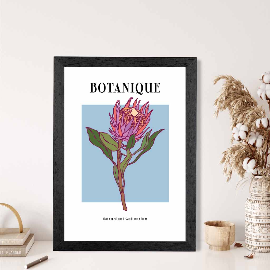 Modern Floral Blue, Pink Protea Flower Art Poster | Wall Art Plaza UK