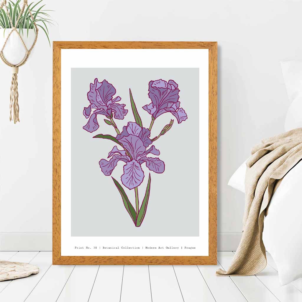 Modern Floral Grey, Purple Prague Iris Art Print | Wall Art Plaza UK