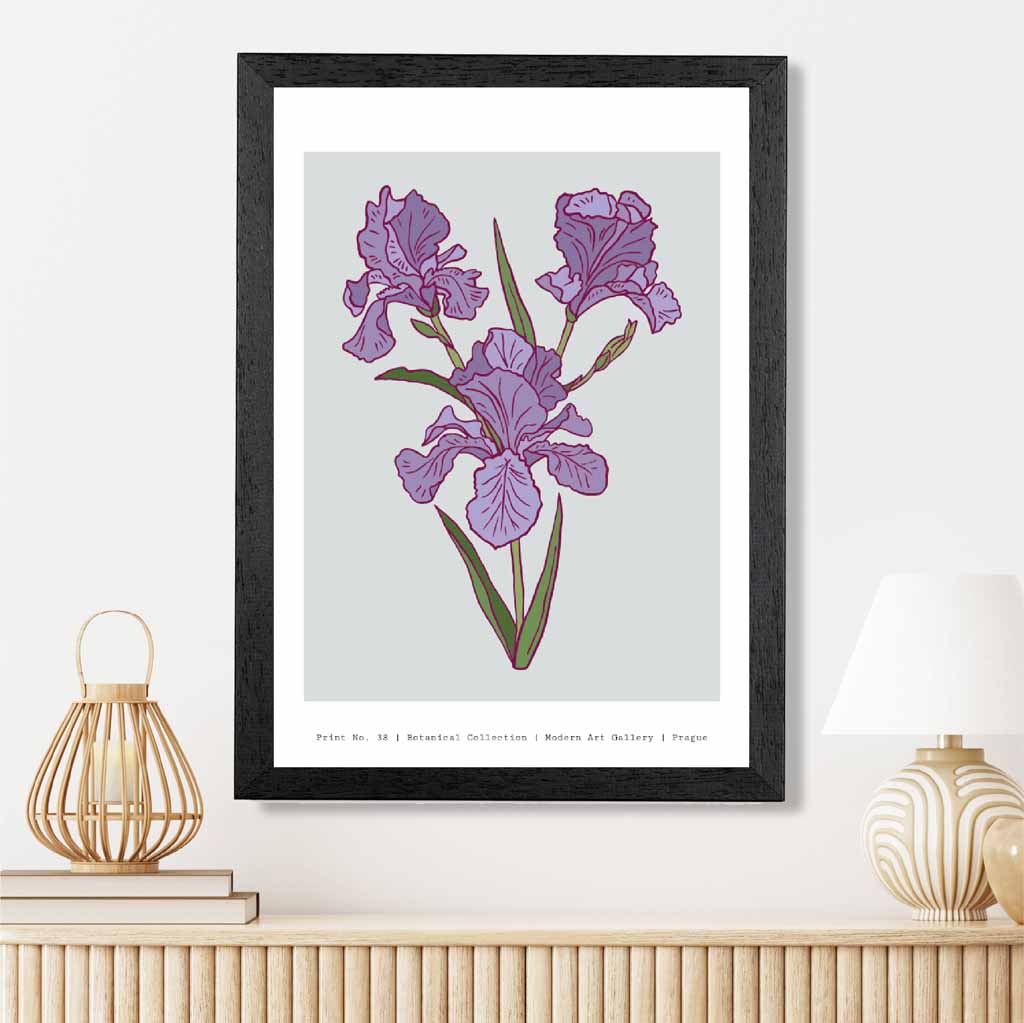 Modern Floral Grey, Purple Prague Iris Art Print | Wall Art Plaza UK