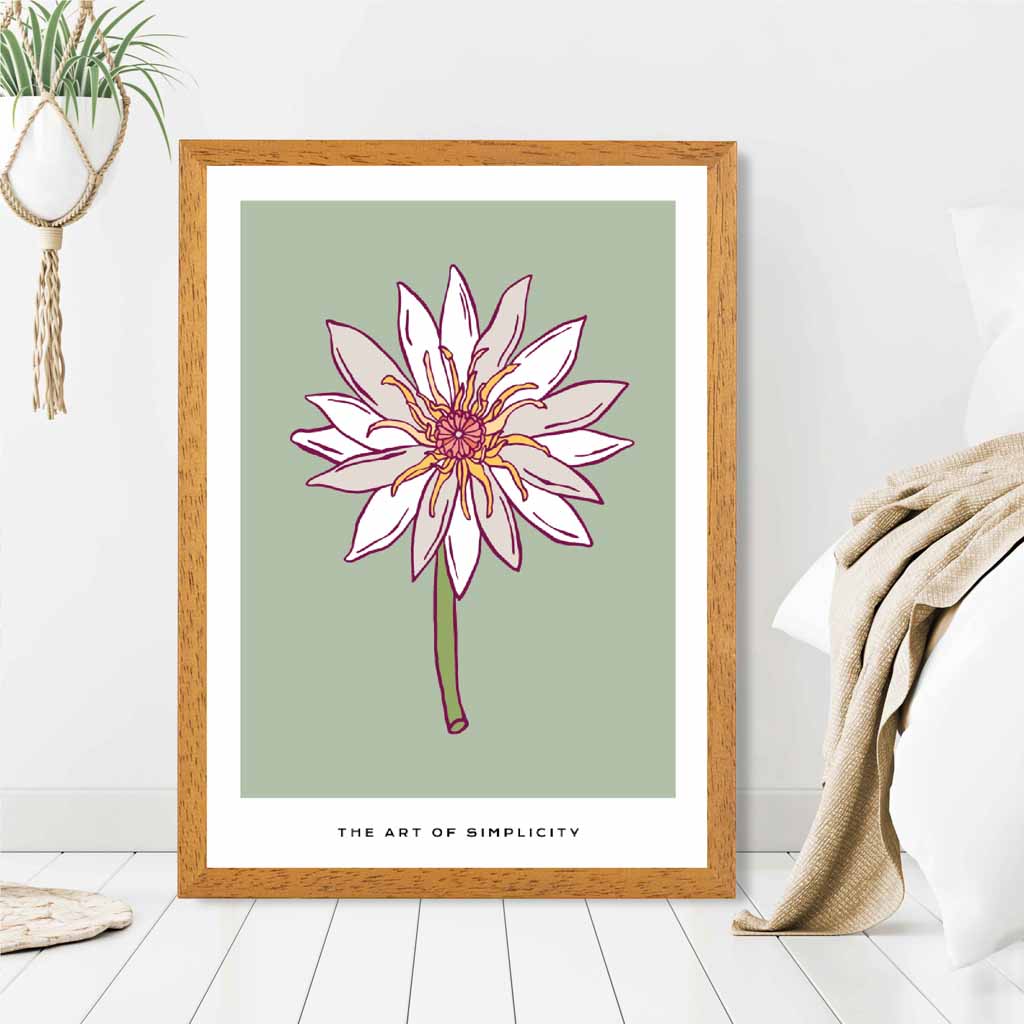 Simple Floral Green, Beige Dahlia Flower Art Print | Wall Art Plaza UK