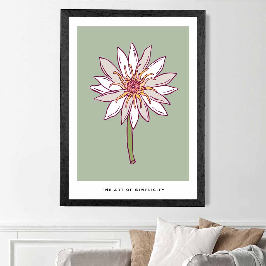 Simple Floral Green, Beige Dahlia Flower Art Print | Wall Art Plaza UK