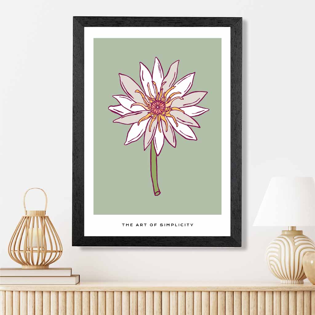 Simple Floral Green, Beige Dahlia Flower Art Print | Wall Art Plaza UK