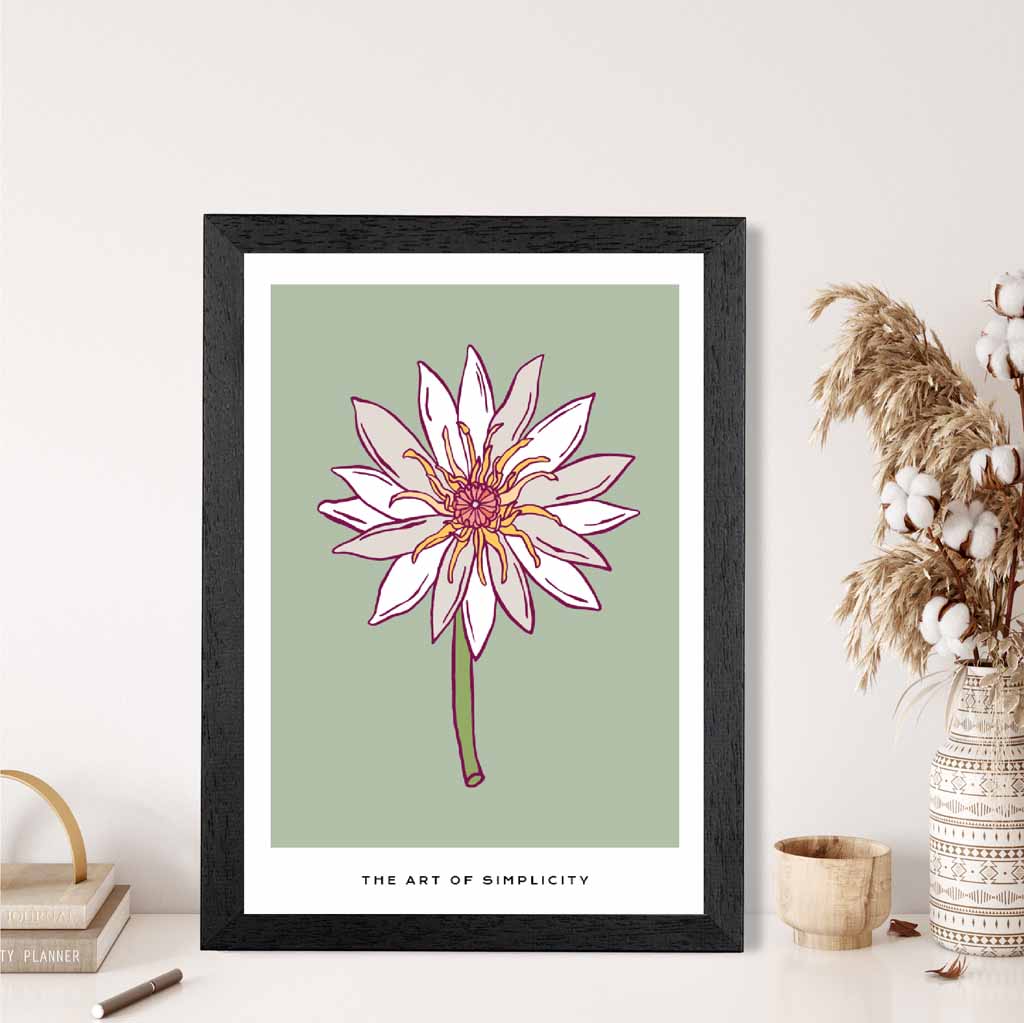 Simple Floral Green, Beige Dahlia Flower Art Print | Wall Art Plaza UK