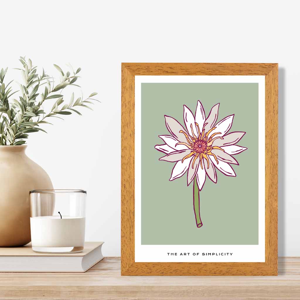 Simple Floral Green, Beige Dahlia Flower Art Print | Wall Art Plaza UK