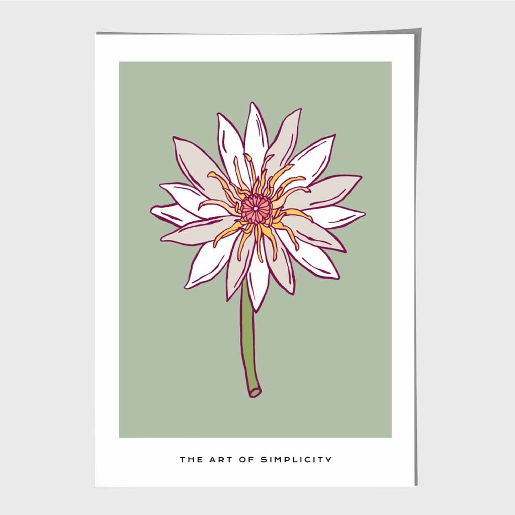 Simple Floral Green, Beige Dahlia Flower Art Print | Wall Art Plaza UK