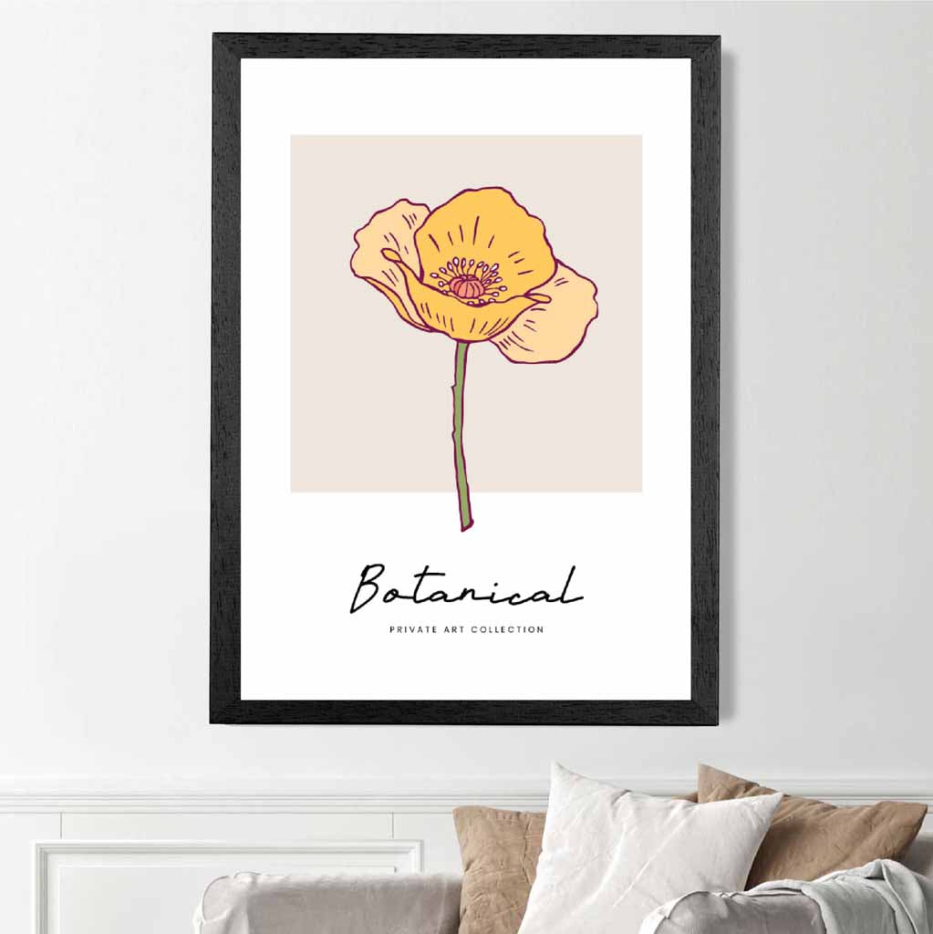 Simple Floral Beige, Yellow California Poppy Art Print | Wall Art Plaza UK