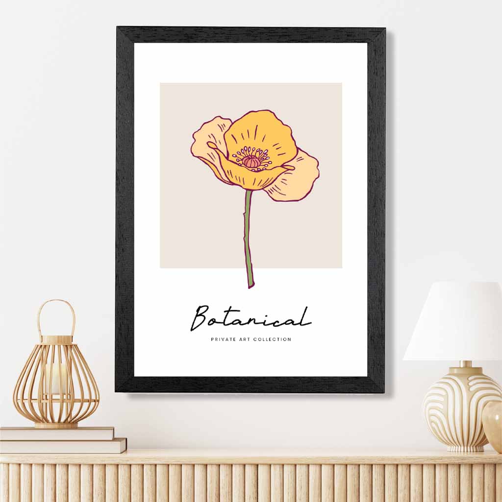 Simple Floral Beige, Yellow California Poppy Art Print | Wall Art Plaza UK