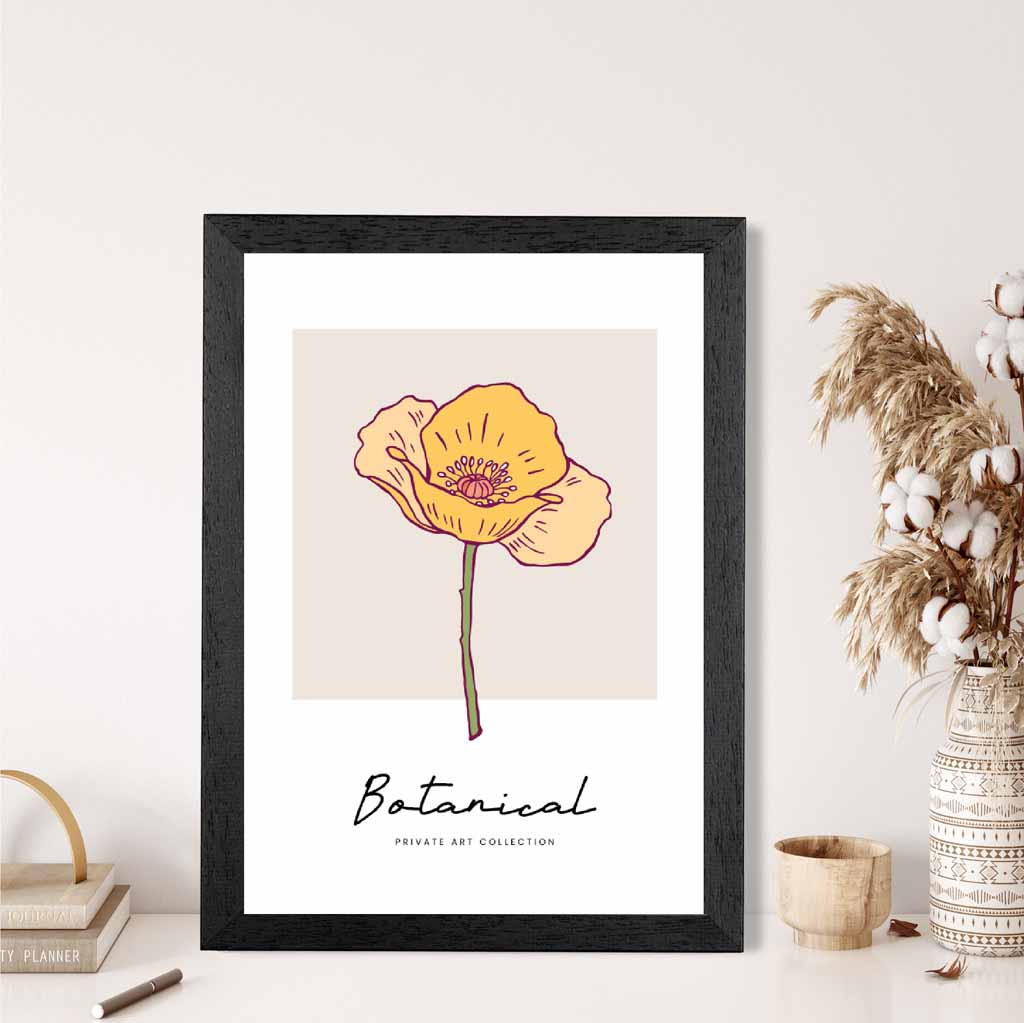 Simple Floral Beige, Yellow California Poppy Art Print | Wall Art Plaza UK