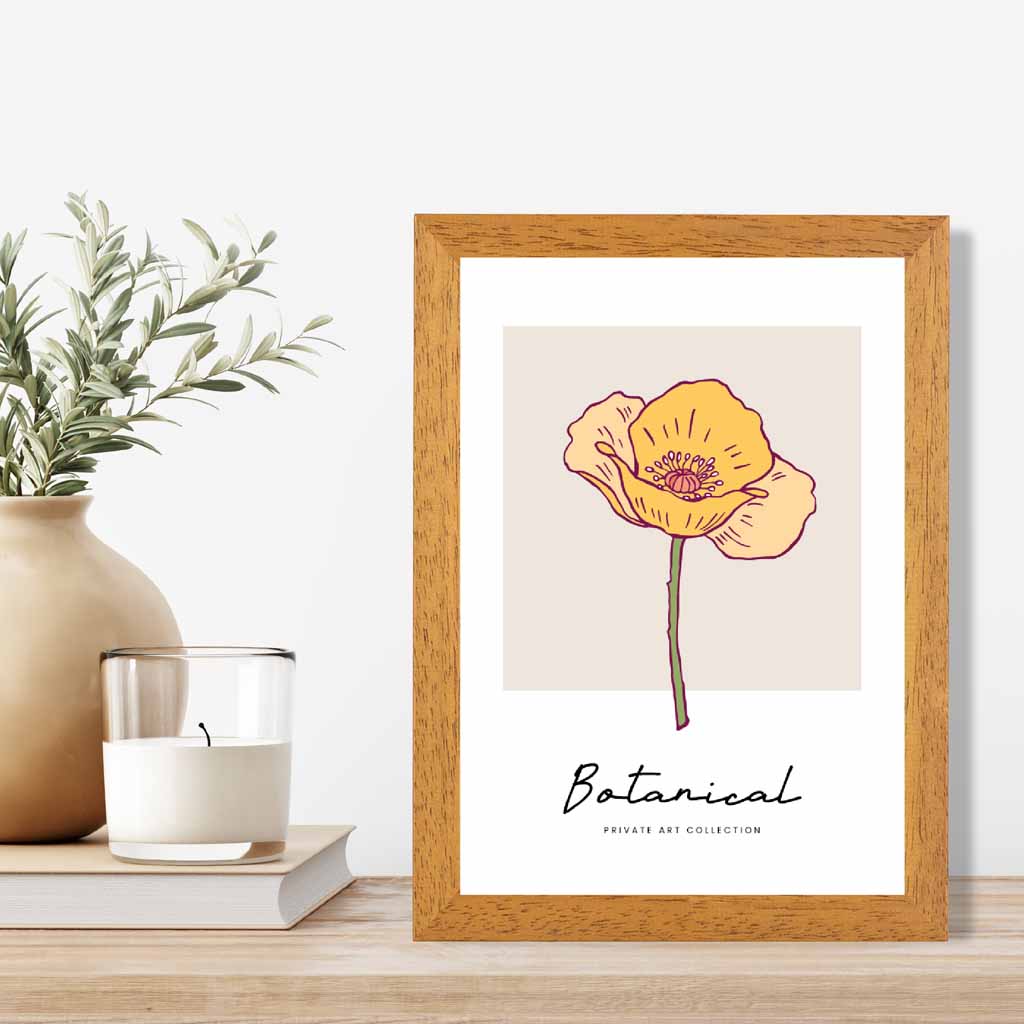 Simple Floral Beige, Yellow California Poppy Art Print | Wall Art Plaza UK