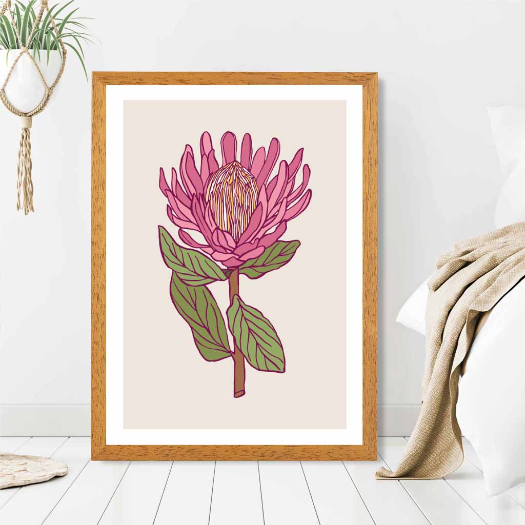 Vintage Floral Beige, Pink Protea Flower Art Poster | Wall Art Plaza UK