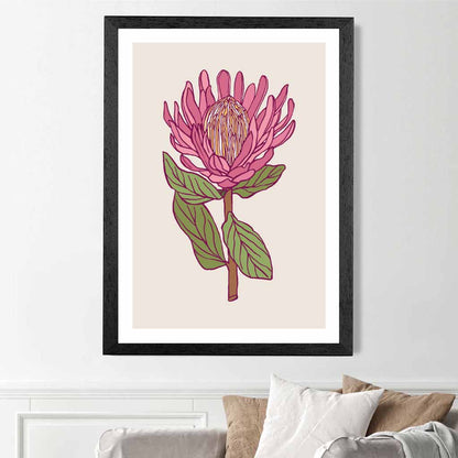 Vintage Floral Beige, Pink Protea Flower Art Poster | Wall Art Plaza UK