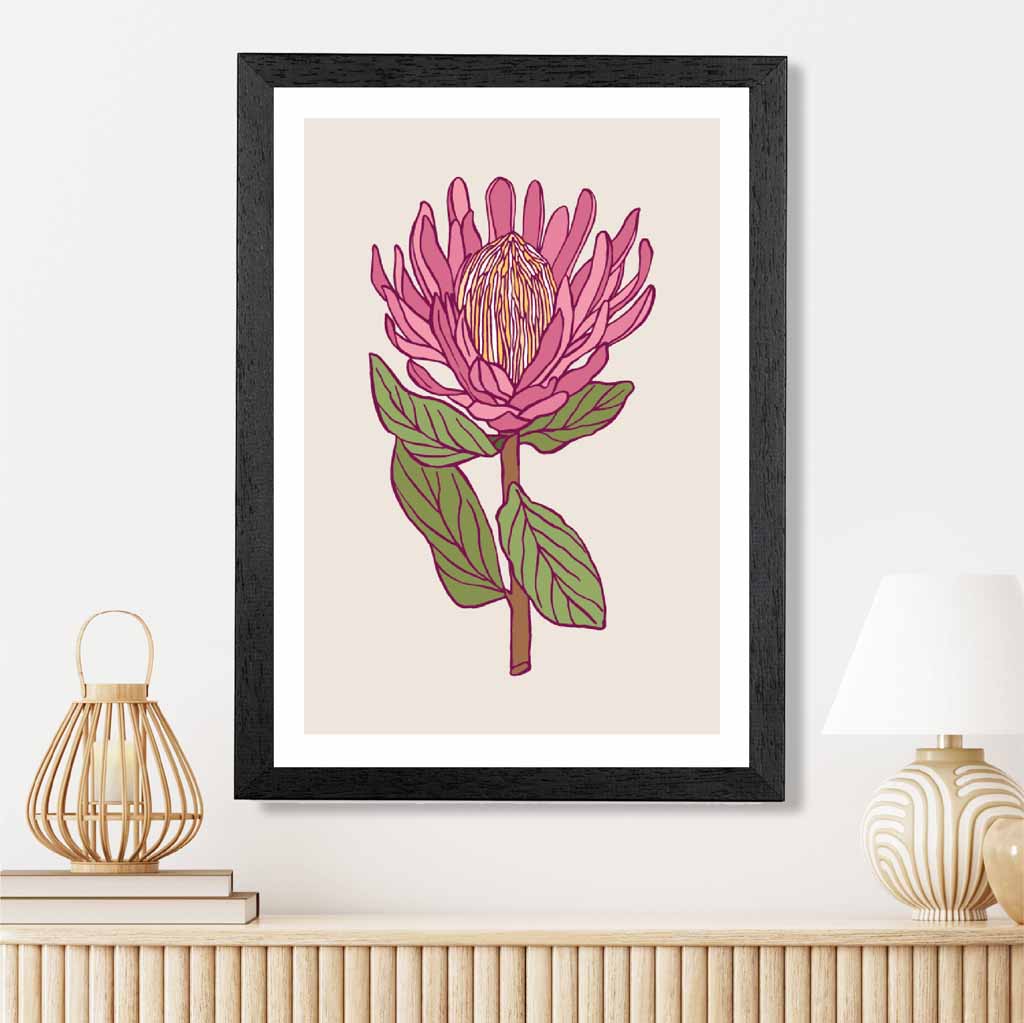 Vintage Floral Beige, Pink Protea Flower Art Poster | Wall Art Plaza UK