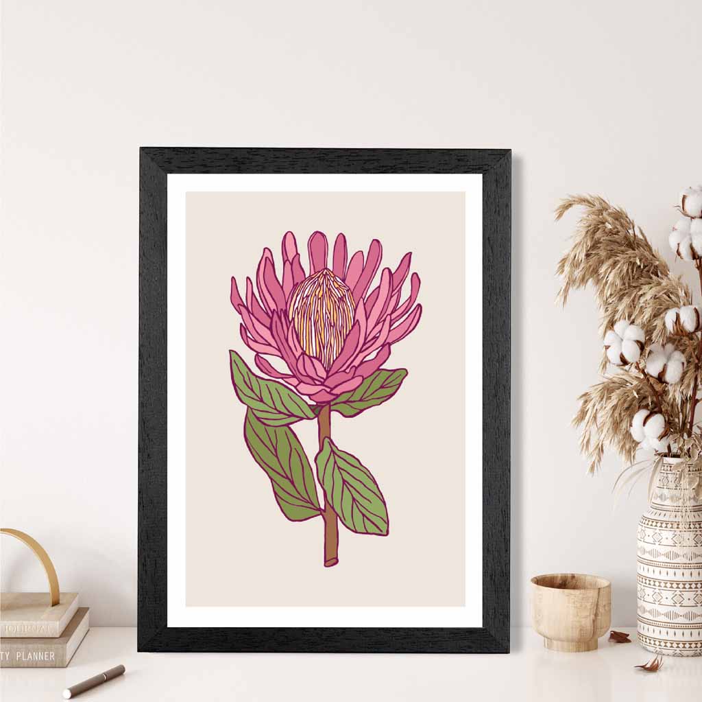 Vintage Floral Beige, Pink Protea Flower Art Poster | Wall Art Plaza UK