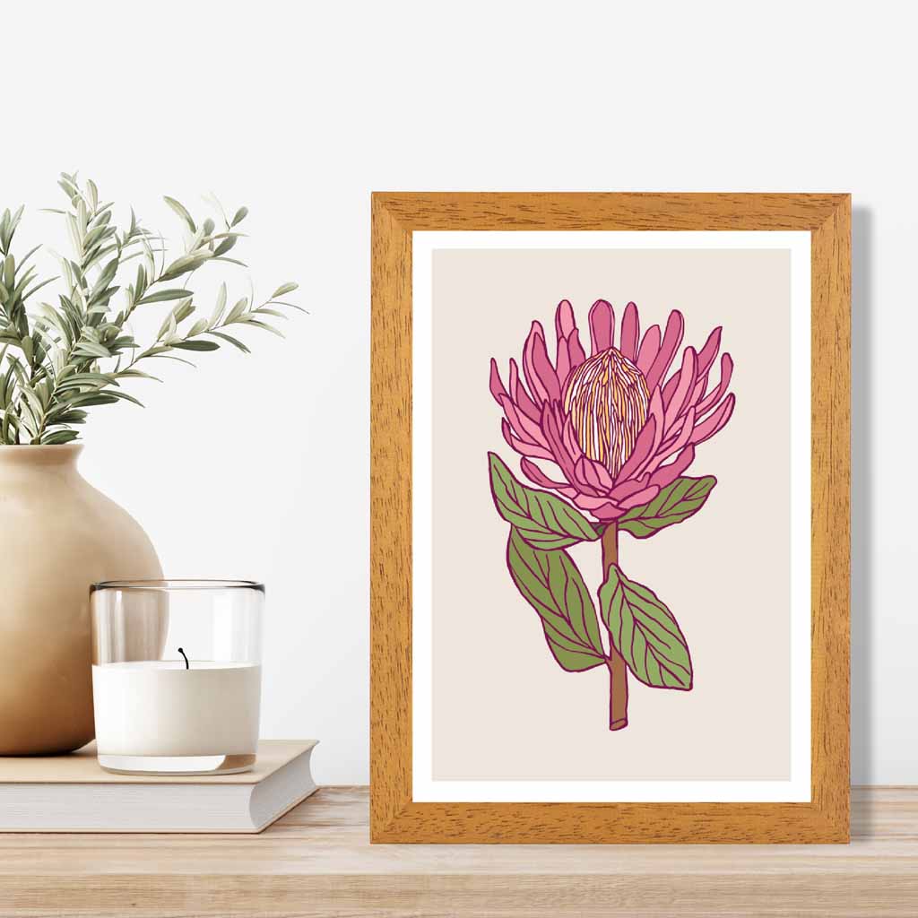 Vintage Floral Beige, Pink Protea Flower Art Poster | Wall Art Plaza UK