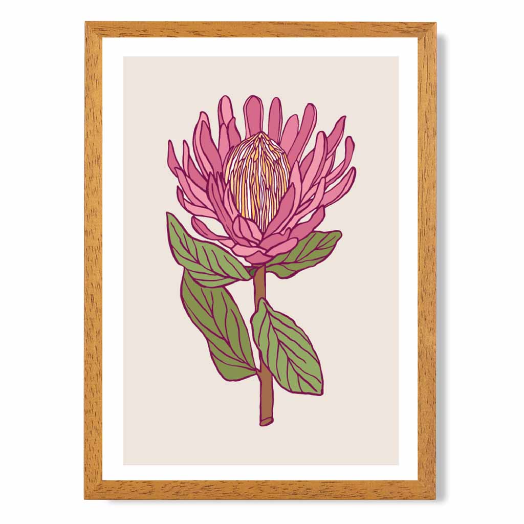 Vintage Floral Beige, Pink Protea Flower Art Poster | Wall Art Plaza UK