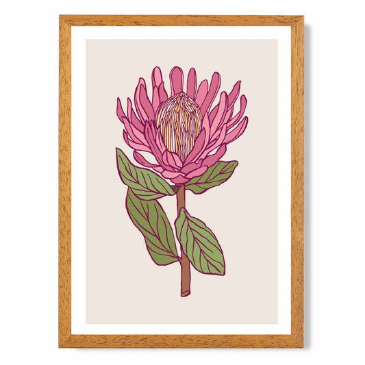 Vintage Floral Beige, Pink Protea Flower Art Poster | Wall Art Plaza UK