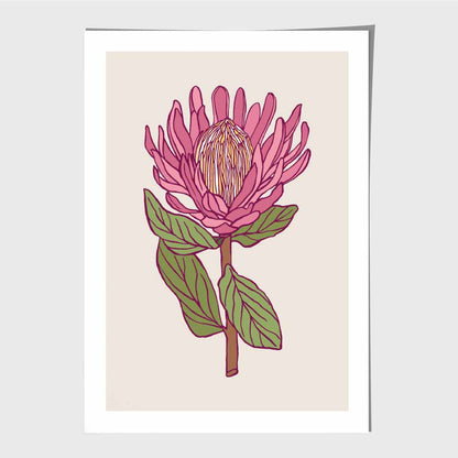 Vintage Floral Beige, Pink Protea Flower Art Poster | Wall Art Plaza UK