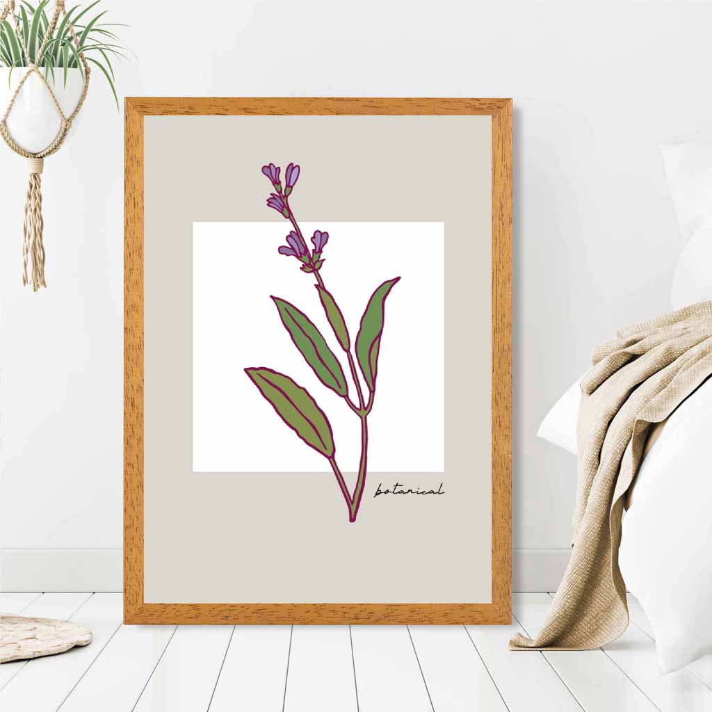 Simple Floral Beige, Purple Sketch Flower Art Print | Wall Art Plaza UK