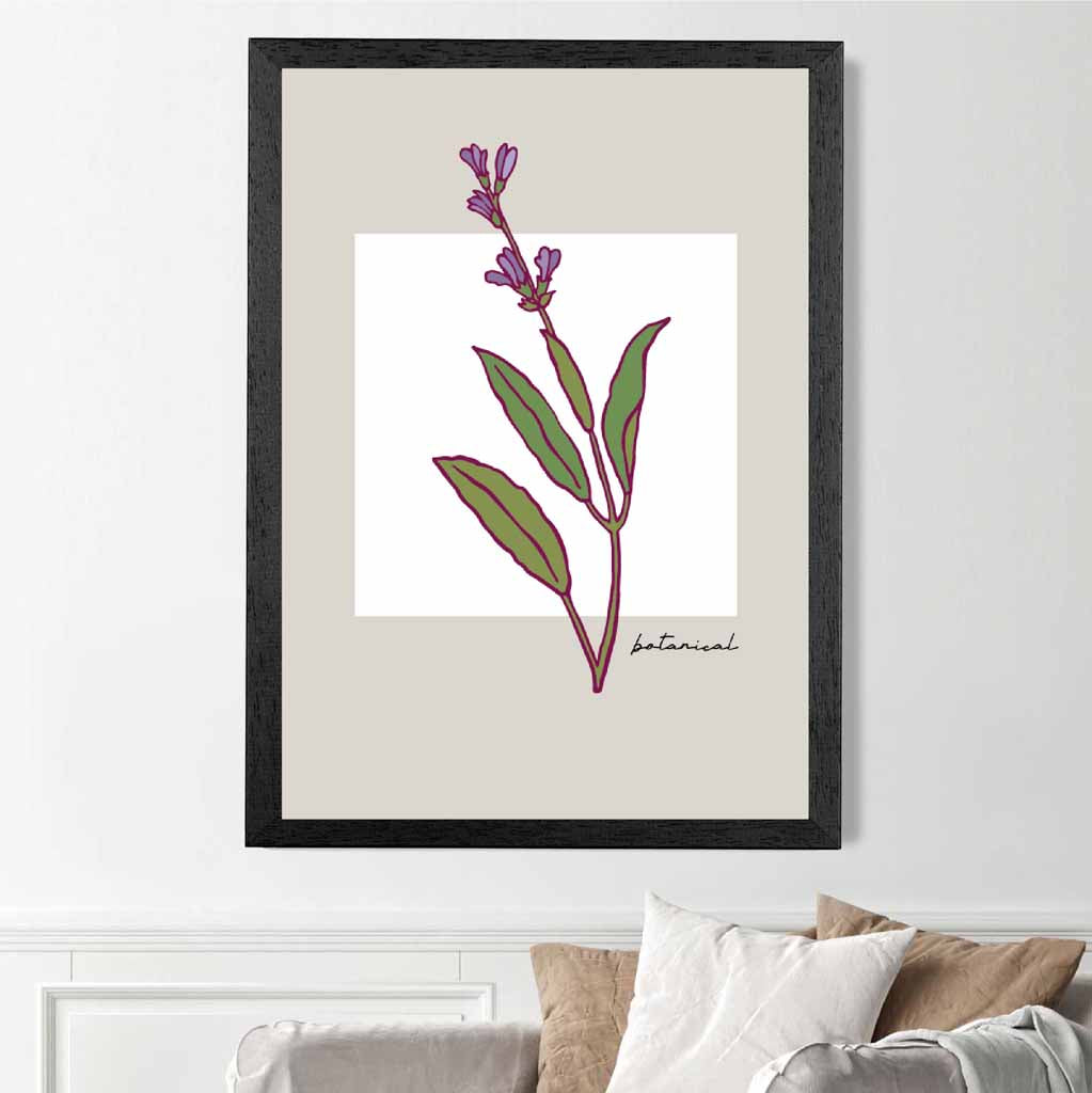 Simple Floral Beige, Purple Sketch Flower Art Print | Wall Art Plaza UK