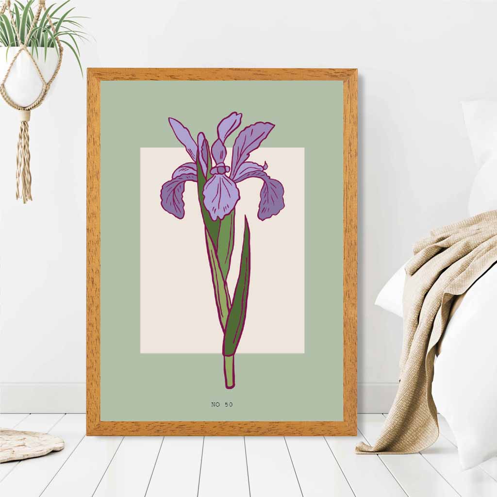 Modern Floral Green, Purple Iris Art Poster | Wall Art Plaza UK