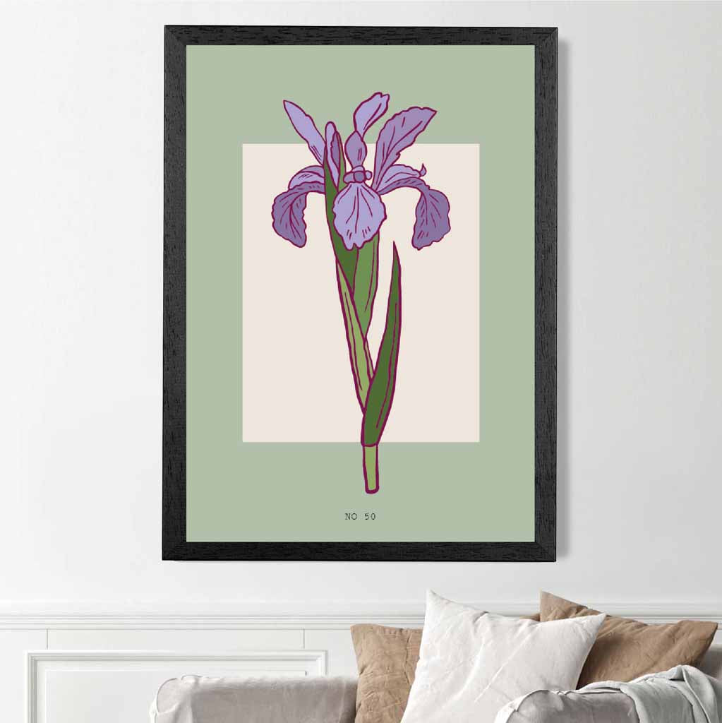 Modern Floral Green, Purple Iris Art Poster | Wall Art Plaza UK