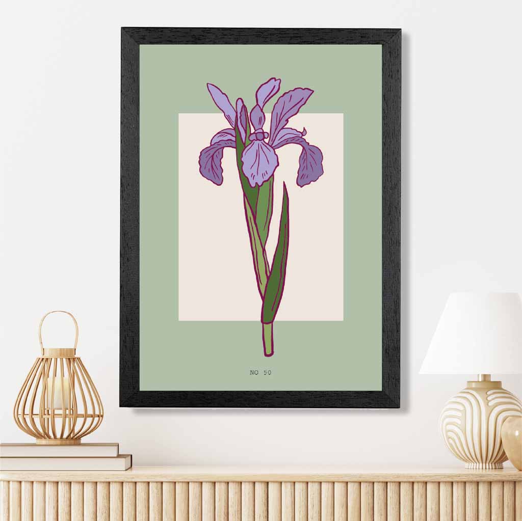 Modern Floral Green, Purple Iris Art Poster | Wall Art Plaza UK