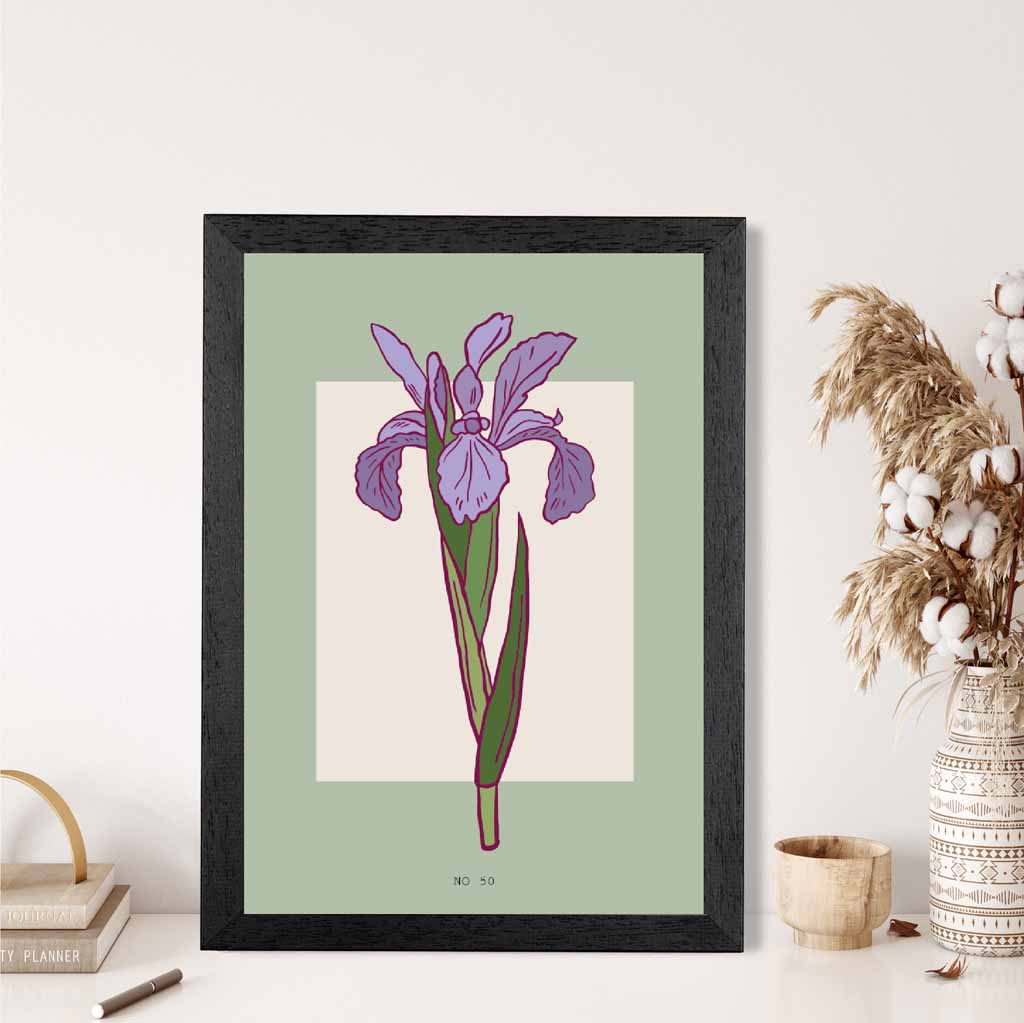 Modern Floral Green, Purple Iris Art Poster | Wall Art Plaza UK