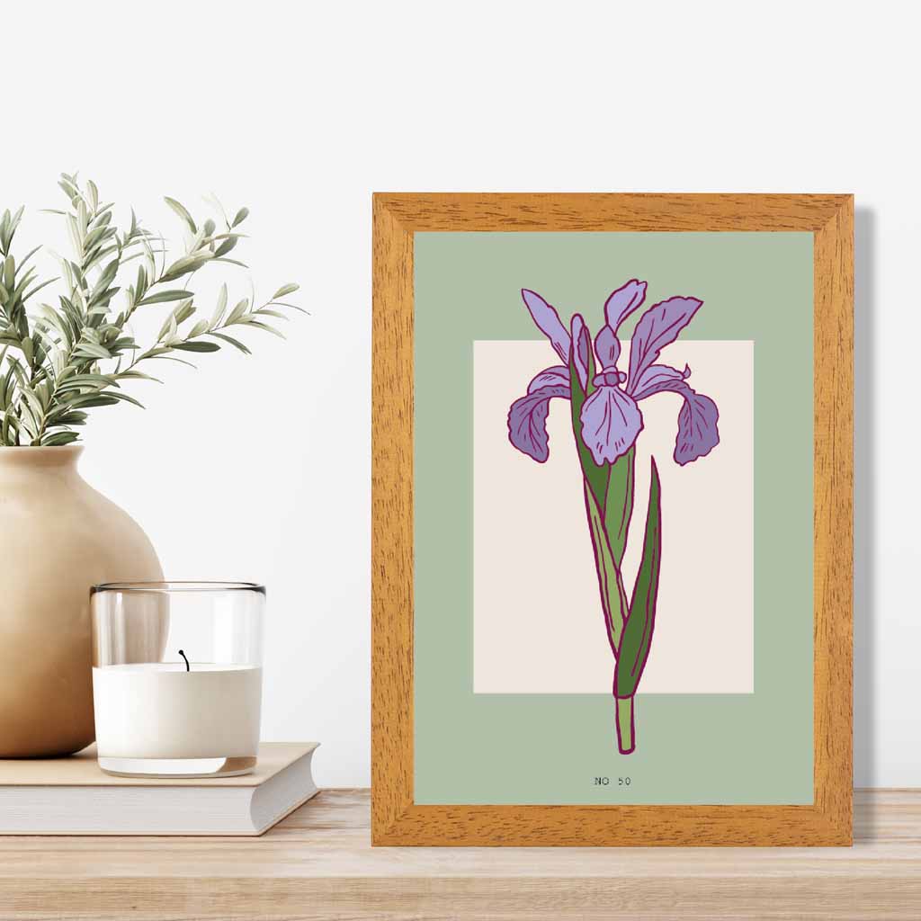 Modern Floral Green, Purple Iris Art Poster | Wall Art Plaza UK