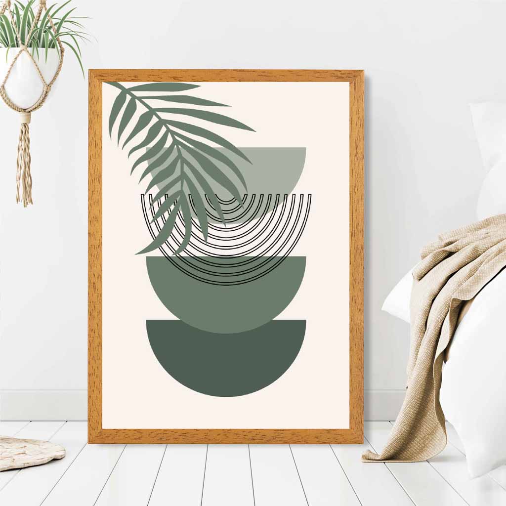 Boho Geometric Green, Beige Palm Leaf Art Print | Wall Art Plaza UK