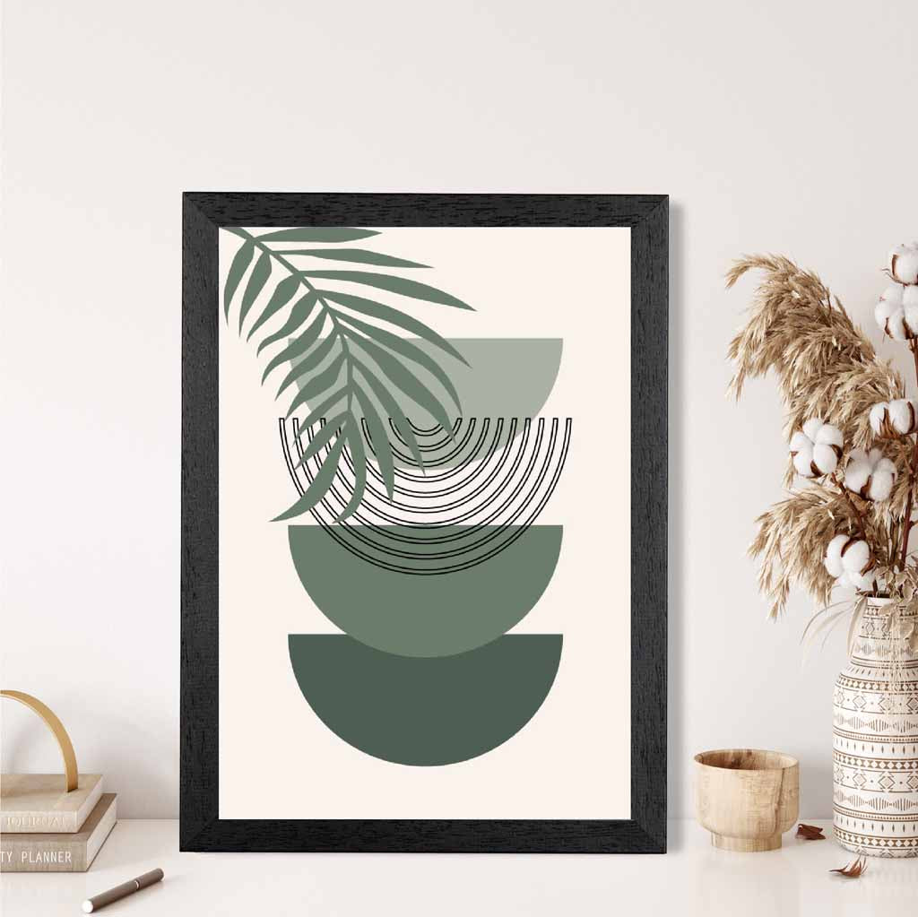 Boho Geometric Green, Beige Palm Leaf Art Print | Wall Art Plaza UK