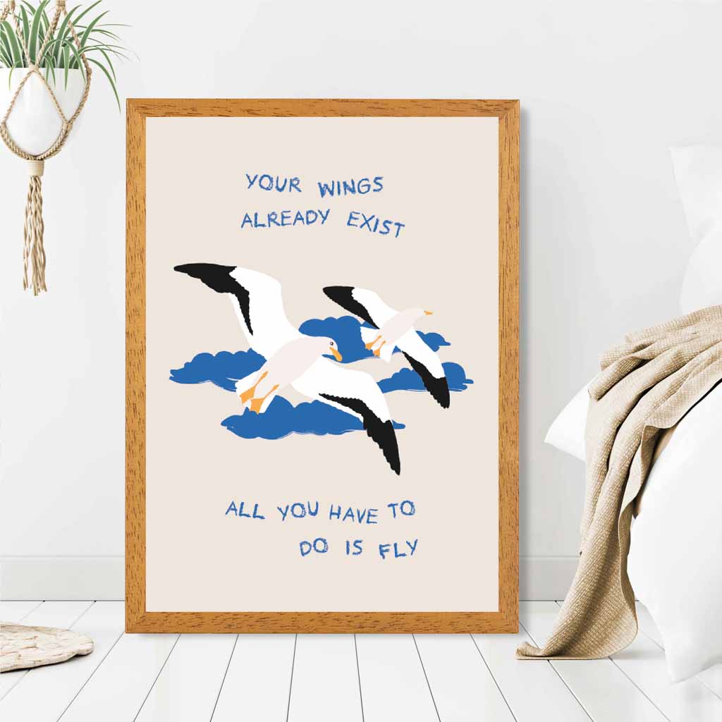 Just Fly … Blue, White Wings  Art Print | Wall Art Plaza UK