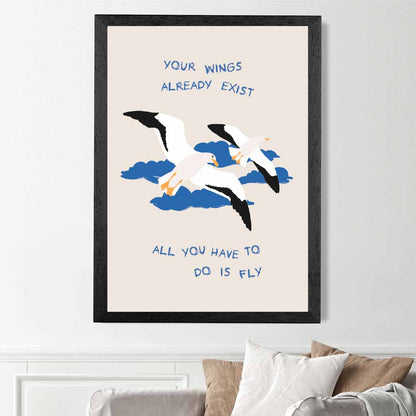 Just Fly … Blue, White Wings  Art Print | Wall Art Plaza UK