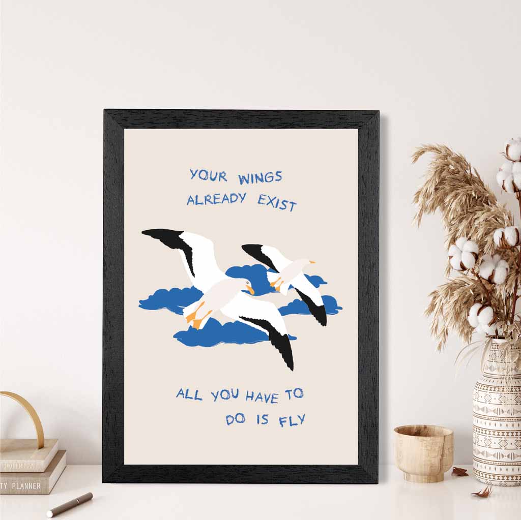 Just Fly … Blue, White Wings  Art Print | Wall Art Plaza UK