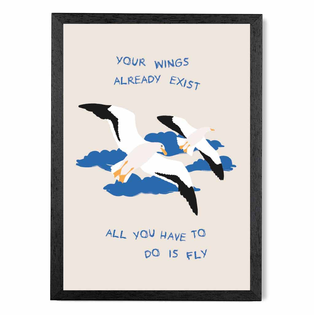 Just Fly … Blue, White Wings  Art Print | Wall Art Plaza UK