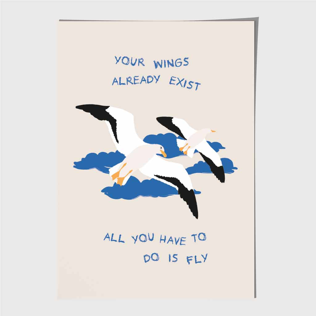 Just Fly … Blue, White Wings  Art Print | Wall Art Plaza UK