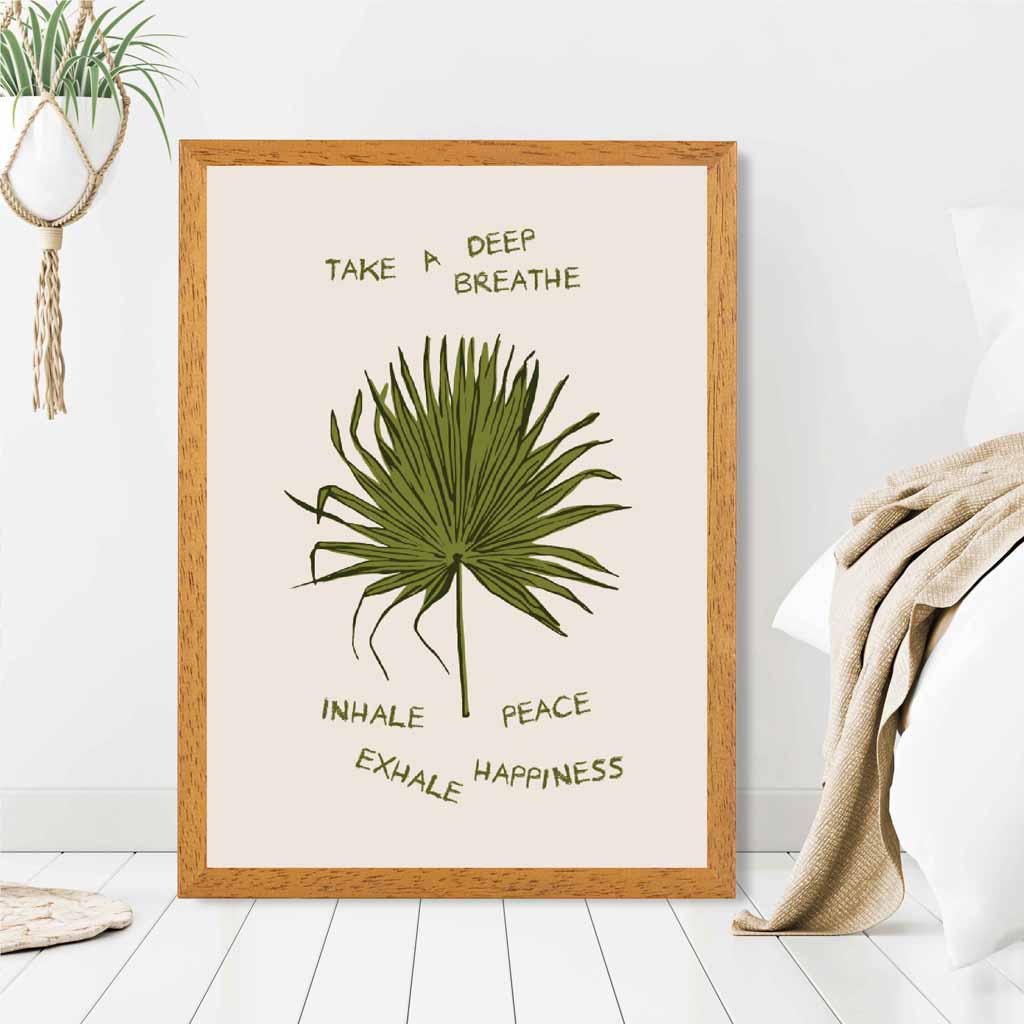 Exhale Happiness Beige, Green Palm Leaf  Art Print | Wall Art Plaza UK