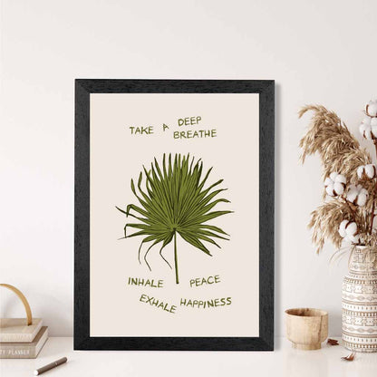 Exhale Happiness Beige, Green Palm Leaf  Art Print | Wall Art Plaza UK