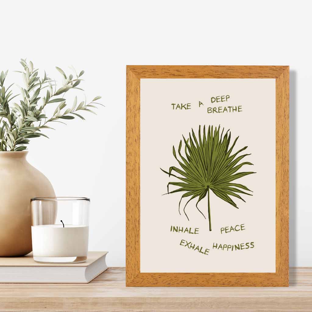 Exhale Happiness Beige, Green Palm Leaf  Art Print | Wall Art Plaza UK